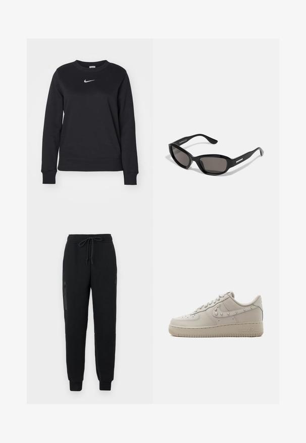 Sort sweatshirt lavet af bomuldsblanding, med ribbede manchetter og kant, rund halsudskæring og sølvfarvet Nike-logo på brystet.; Sorte sweatpants med snoretræk i taljen, lynlåslomme i siden og tætsiddende nederste kant. Fremstillet af blødt, struktureret stof.; Lavtop beige læder sneaker med nitter på Nike swoosh, perforeret tå og tyk gummisål mærket "AIR" på siden.; Sorte solbriller med rektangulært stel, mørke linser, glat plastmateriale og en metalaccent på templet.