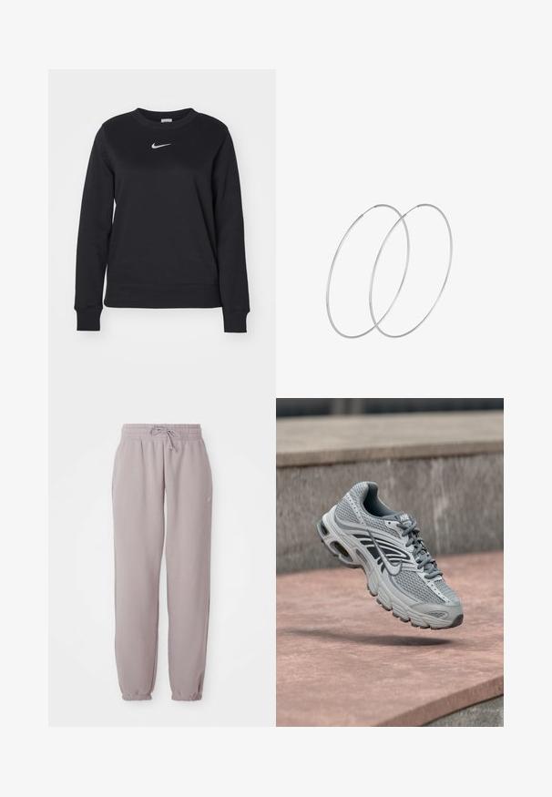 Sort sweatshirt lavet af bomuldsblanding, med ribbede manchetter og kant, rund halsudskæring og sølvfarvet Nike-logo på brystet.; Lys mauve fleece sweatpants med elastisk talje, snor, sidelommer og elastiske manchetter, vist fladt mod en hvid baggrund.; Lys grå og hvid Nike løbesko med mesh-design, svævende over en stenet overflade udendørs.; Sølvøreringe med et minimalistisk design. Cirkulær form, glat tekstur og tynd profil. Letvægtige med en poleret overflade.