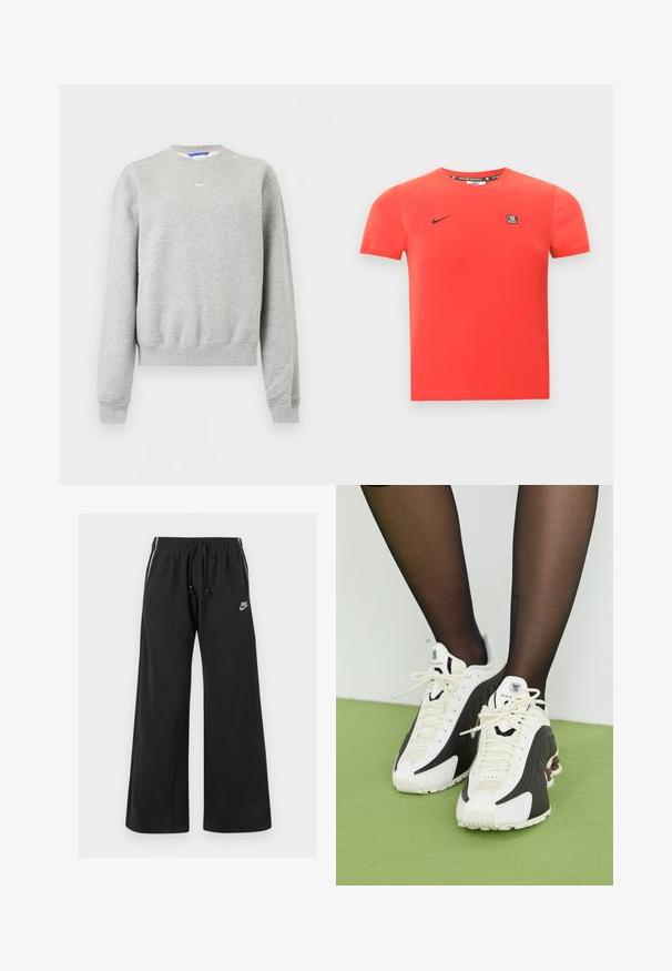 Lysegrå langærmet sweatshirt med rund hals og ribkant ved ærmer og bund, med lille hvid Nike Swoosh-logo på brystet.; Rød bomulds T-shirt med korte ærmer, med et sort Nike-logo og et lille mærke på brystet. Enkel rund halsudskæring.; Sorte sweatpants lavet af blødt stof, med en elastisk talje og snøre, sidestriber og et lille logo på venstre front.; Nike sneakers har et hvidt og sort design med en tekstureret overdel, mesh-detaljer og en gummisål. Snørebåndslukning og logo synligt.