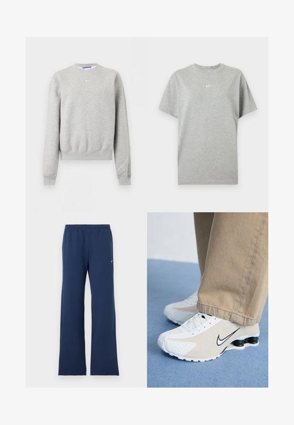 Hellgraues Sweatshirt mit langen Ärmeln und Rundhalsausschnitt, mit gerippten Bündchen und Saum, mit kleinem weißen Nike Swoosh-Logo auf der Brust.; Graues kurzärmeliges Baumwoll-T-Shirt mit Rundhalsausschnitt und kleinem weißen Nike-Swoosh-Logo mittig auf der Brust.; Marineblaue Jogginghose mit elastischem Bund und kleinem weißen Nike-Logo am oberen linken Bein, gerade geschnitten.; Weiße und beigefarbene Nike-Sneaker mit durchlöchertem Design, schwarzem Swoosh-Logo, strukturiertem Obermaterial und auffälliger, federnder schwarzer Ferse.