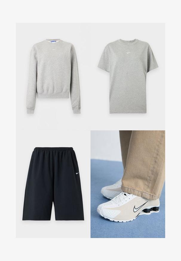 Sudadera gris claro de manga larga con cuello redondo, puños y bajo acanalados, con pequeño logo blanco de Nike Swoosh en el pecho.; Camiseta gris de algodón de manga corta con cuello redondo y pequeño logo blanco de Nike swoosh centrado en el pecho.; Pantalones cortos deportivos negros de Nike con cintura elástica y pequeño logo blanco Swoosh en el muslo derecho, mostrados sobre un fondo liso.; Zapatillas Nike blancas y beige con diseño perforado, logo de swoosh negro, parte superior texturizada y distintivo talón negro elástico.