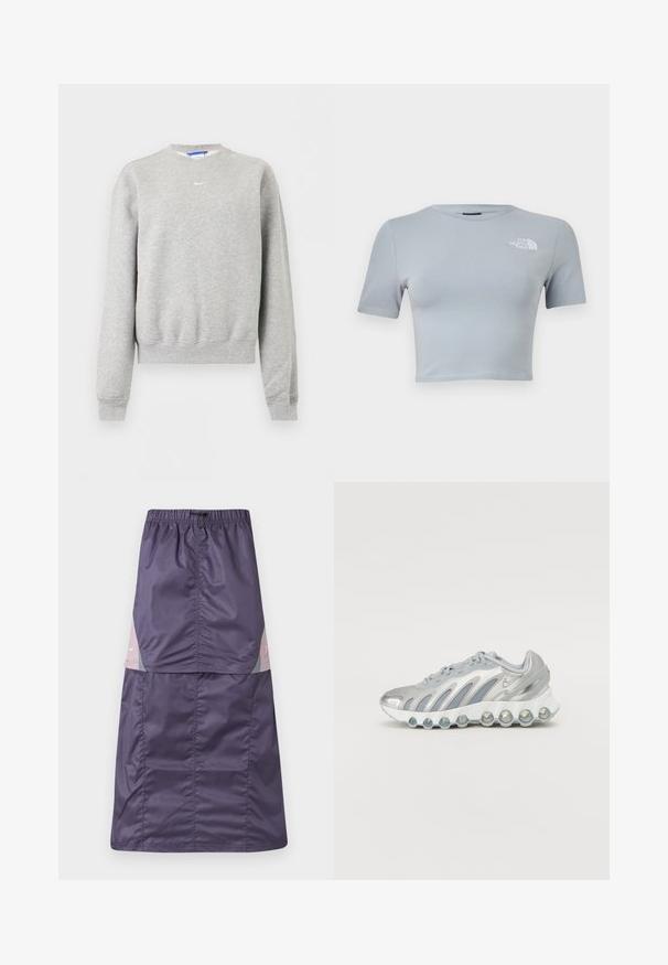 Hellgraues Sweatshirt mit langen Ärmeln und Rundhalsausschnitt, mit gerippten Bündchen und Saum, mit kleinem weißen Nike Swoosh-Logo auf der Brust.; Hellgraues, kurzärmeliges, gekürztes T-Shirt mit Rundhalsausschnitt und weißem "The North Face"-Logo auf der linken Brust.; Lila Nylonsrock mit elastischem Bund, bestehend aus farblich abgesetzten Paneelen in Pink und Grün, mit einem kleinen weißen Logo im oberen Bereich.; Silberne und graue Sportschuhe mit einem Obermaterial aus Mesh, geschwungenem Design und einzigartiger runder Sohle, die transparente Dämpfungselemente aufweist.
