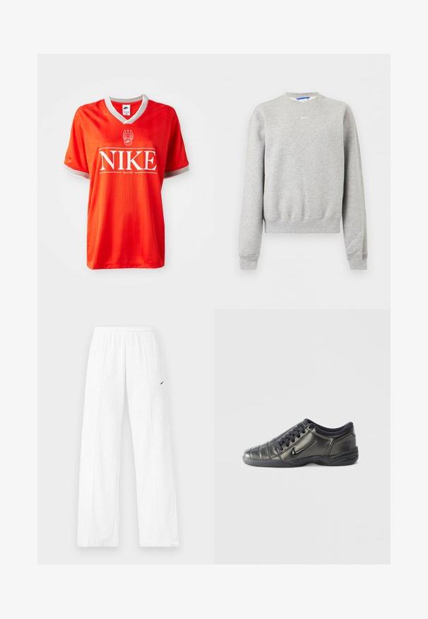 Svetlošedá mikina s dlhým rukávom a okrúhlym výstrihom, s rebrovanými manžetami a lemom, s malým bielym logom Nike Swoosh na hrudi.; Červený dres Nike s výstrihom do V, šedým lemovaním na rukávoch a veľkým bielym logom "NIKE". Hladká, ľahká tkanina so jemným pruhovaným vzorom.; Biele tepláky s elastickým pásom a čiernym logom Nike Swoosh na ľavom stehne, zobrazené na jednoduchom pozadí.; Čierne nízke tenisky Nike s šnúrkami, prešitými detailmi a textúrovanou podrážkou na jednoduchom bielom pozadí.