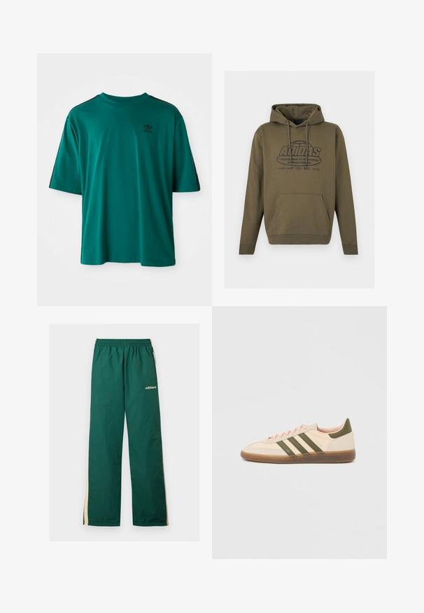 Olijfgroene hoodie met voorzak en trekkoorden, met een wereldbolafbeelding en de tekst "ADIDAS" met extra kleinere opdruk op de borst.; Teal katoenen T-shirt met korte mouwen, ronde hals en zwarte zijstrepen. Bevat een klein zwart logo op de borst.; Groene Adidas trainingsbroek met beige zijstrepen, elastische tailleband en wit Adidas-logo op het bovenste gedeelte van het linkerbeen.; Beige Adidas Spezial sneaker met een laag profiel, groene strepen, een gumkleurige zool en "SPEZIAL" branding aan de zijkant, gezien vanaf de buitenzijde.
