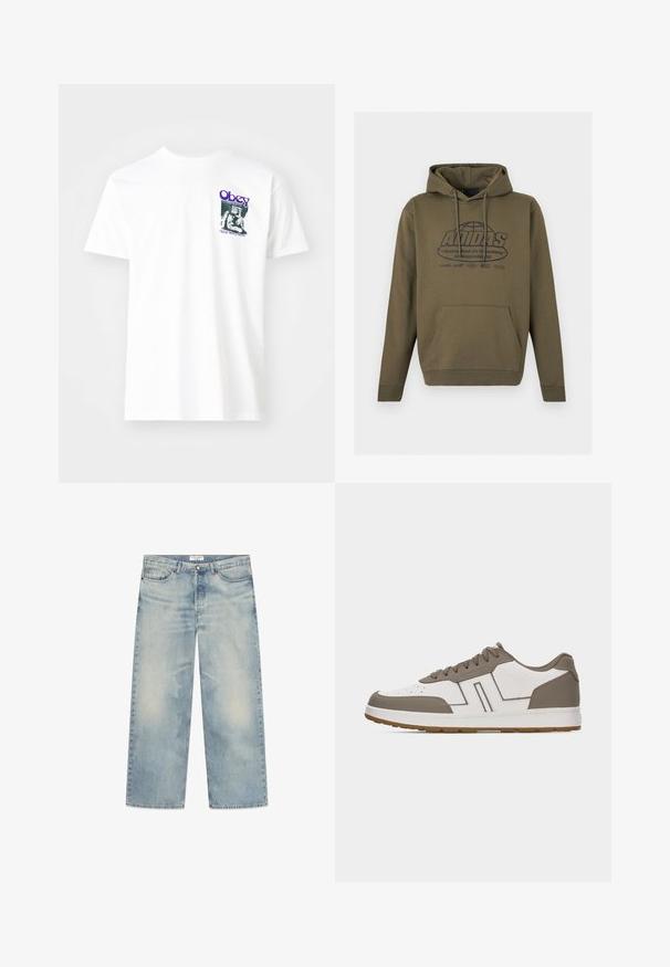 Olijfgroene hoodie met voorzak en trekkoorden, met een wereldbolafbeelding en de tekst "ADIDAS" met extra kleinere opdruk op de borst.; Witte katoenen t-shirt met een grafische print in paars, die een zittende figuur toont met de tekst "Obey" en "Stop Worry Now!" in zwart.; Lichtblauwe denim wijde broek met vervaagde delen, vijfzakkenontwerp en een gulp met knopen. Bovenlabel toont merknaam.; Witte en taupekleurige lage sneaker met geperforeerde neus, vetersluiting en gumrubberen zool, getoond vanaf de buitenzijde op een effen achtergrond.