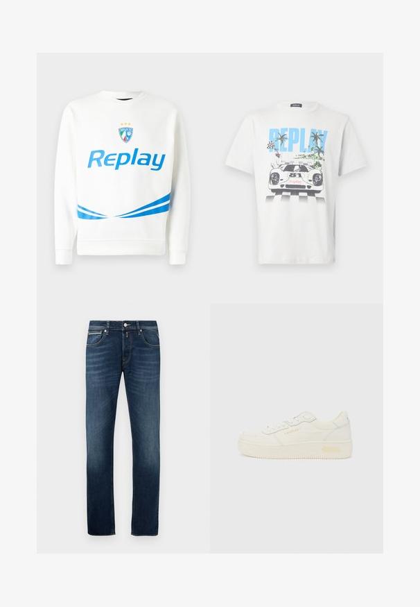 Valge pusaku featuring sinine "Replay" logo, meeskonna embleem tähtedega ning sinised diagonaalsed triibud vöökoha ja varrukate juures. Pehme tekstuur.; Valge puuvillane T-särk, millel on värvikas joonistus võidusõiduautost, palmidest ja ruudulippudest ning kus on selgelt nähtav sõna "REPLAY".; Tumedad sinised sirged teksad, millel on veidi kulumiste jälgi reite peal, viis taskut ja metallist nööp sulgemiseks taljes.; Madala piirlahusega valge tenisaking, ees paelaga kinnitatav, paks tald ja peene "REPLAY" brändinguga külgedel ja kontsal, näidatud profiilvaates.