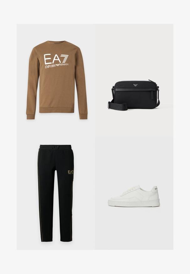 Hnedá mikina s dlhým rukávom s bielym logom "EA7 Emporio Armani" potlačeným na prednej strane, s okrúhlym výstrihom a rebrovanými manžetami.; Čierne tepláky majú zúžený strih, elastický pás so šnúrkou a zlaté prízvuky pozdĺž strán a na logu.; Biele kožené tenisky s hladkým povrchom, okrúly špičkový dizajn, ploché šnúrky a textúrovaná podrážka. Obsahujú jemné logo na päte.; Čierna obdĺžniková crossbody taška s predným vreckom na zips, nastaviteľným popruhom a malým kovovým logom v hornej strede.