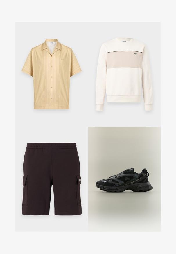 Sweat-shirt à encolure ras-du-cou avec manches longues, couleur crème, panneau beige sur la poitrine, fine bande noire et petit logo crocodile vert sur le côté gauche de la poitrine.; Chemise beige à manches courtes avec des fines rayures verticales blanches et des motifs brodés blancs subtils, dotée d'un col de style camp.; Shorts cargo noirs avec ceinture élastique et poches à rabat des deux côtés, avec un petit logo sur le rabat de la poche droite.; Chaussure de sport noire avec des panneaux en mesh, une semelle texturée, des lacets et une silhouette courbée avec des accents argentés sur les côtés.