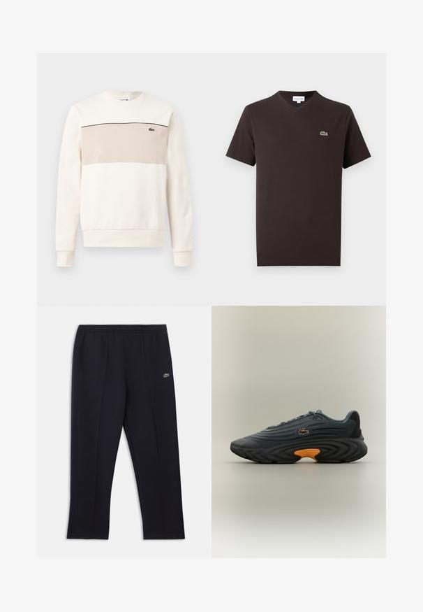 Rundhalsausschnitt Sweatshirt mit langen Ärmeln, cremefarben, beiges Brustpanel, dünner schwarzer Streifen und kleines grünes Krokodil-Logo auf der linken Brustseite.; Dunkelbraunes V-Ausschnitt-T-Shirt mit kurzen Ärmeln und einem kleinen grünen Krokodil-Logo auf der linken Brust.; Schwarze Sporthose mit Seitentaschen, elastischem Bund, dezenten Seitenstreifen und kleinem grünem Krokodil-Logo an der rechten Hüfte.; Lacoste Sneakers in Dunkelgrau mit strukturiertem Obermaterial, hervorgehobener gebogener schwarzer Sohle und leuchtend orangefarbenem Akzent an der Ferse. Schnürdesign mit Logo.