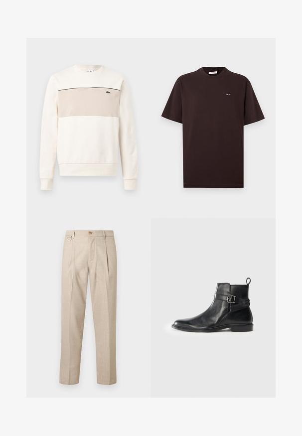Crewneck-sweatshirt med lange ærmer, cremefarvet, beige brystpanel, tynd sort stribe og lille grøn krokodille-logo på venstre bryst.; Mørkebrun kortærmet T-shirt med rund hals og lille hvidt "NN. 07"-logo på venstre bryst mod en ensfarvet hvid baggrund.; Beige plisserede bukser lavet af et tekstureret stof, med knaplukning, sidelommer og en metallisk detalje på linningen.; Sorte læder ankelstøvler med rund tå, sidespænde detaljer og en løkkerings på hælen. Flad sål med en subtil glansfinish.