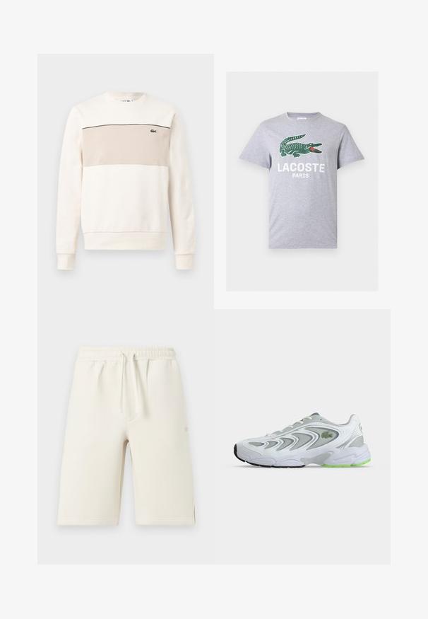 Sweat-shirt à encolure ras-du-cou avec manches longues, couleur crème, panneau beige sur la poitrine, fine bande noire et petit logo crocodile vert sur le côté gauche de la poitrine.; T-shirt gris clair à manches courtes avec un logo crocodile vert et le texte blanc "LACOSTE PARIS" centré sur la poitrine.; Shorts en coton beige clair avec taille élastique, cordon de serrage et poches latérales. Texture lisse, longueur genou avec ourlets cousus.; Baskets de sport blanches et grises avec des touches vertes et un logo, panneaux en mesh et une semelle épaisse et rembourrée, vues de côté sur un fond uni.