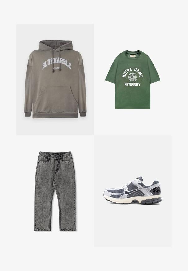 Olijfgroen hoodie met een voorzak, een capuchon met trekkoord, en een witte graphic "BLUEMARBLE EST. 2015". Beschikt over ribgebreide manchetten en zoom.; Groen mesh T-shirt met korte mouwen met "NOTRE DAME" gebogen boven een cirkelvormig embleem en "RETERNITY" onderaan gedrukt in witte letters.; Grijze denim jeans met een verstoord uiterlijk, recht gesneden ontwerp en vijf zakken. Bevat een label met "FORMER" op de tailleband.; Grijze en witte herensneaker voor sport met meshpanelen, reflecterende zilveren overlays, witte veters en zwarte, gestructureerde zool, zijaanzicht.
