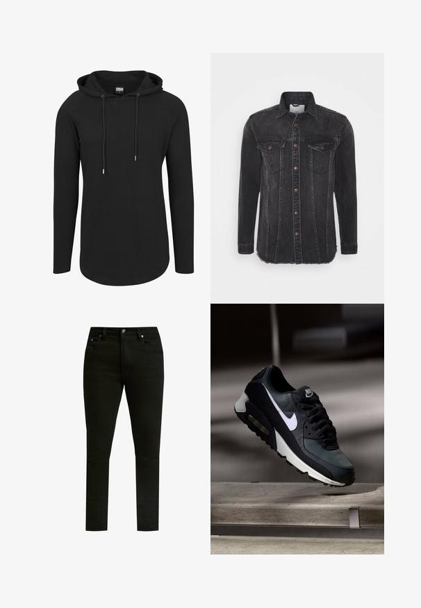Sort hættetrøje med lange ærmer, ribbet tekstur, snore i halsen og en buet kant. Klassisk, minimalistisk design.; Sort denimjakke med lange ærmer, knaplukning, to brystlommer og frynset kant. Har subtil falming og syede detaljer.; Sorte denim jeans med slim fit, med et klassisk fem-lomme design, metalknap lukning og diskrete syninger.; Sort og grå Nike Air Max sneaker med hvid swoosh, ophængt over en betongulv mod en sløret mørk baggrund.