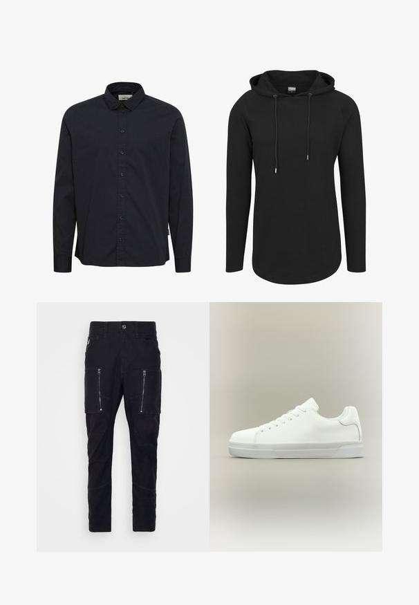 Sweatshirt à capuche noire avec des manches longues, texture côtelée, cordons de serrage au cou et ourlet courbe. Design classique et minimaliste.; Chemise noire à manches longues avec col et poignets, comportant sept boutons visibles le long de la patte de boutonnage avant.; G-STAR ZIP 3D SKINNY - Pantalon classique - black; Baskets basses blanches à lacets, doté d'un col rembourré et d'une semelle en caoutchouc texturée, présentées de profil sur un fond neutre.