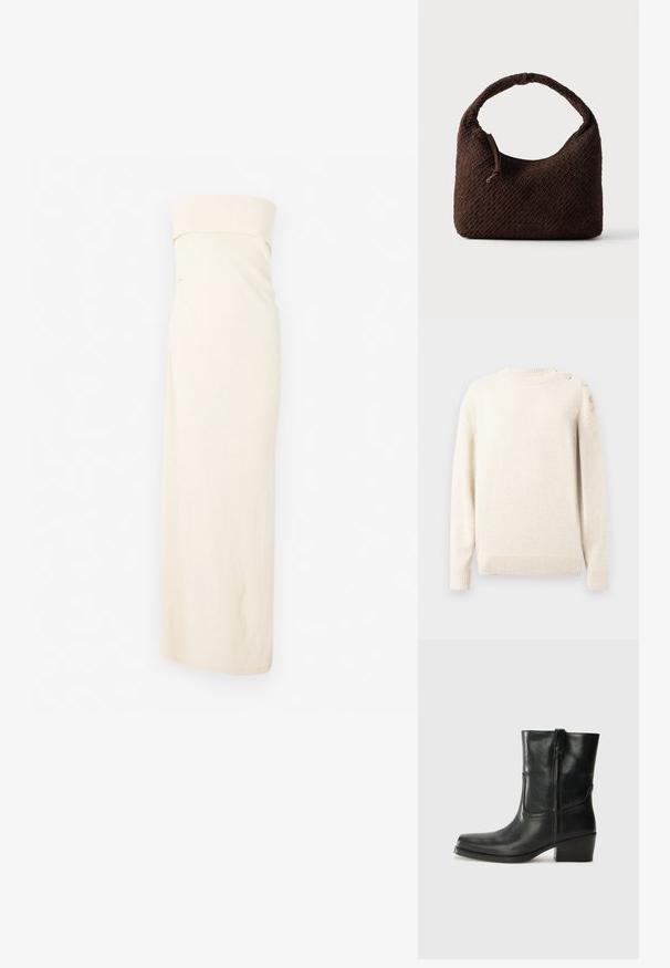 Kremfarvet strikket sweater med lange ærmer, ribbede manchetter og kant samt dekorative stjerneknapper på venstre skulder.; CLOSED BANDEAU DRESS - Strikkjoler - off white; Sort læder ankelstøvle med rundt tå, blokhæl, lynlås i siden og stikninger på vampsiden. Glat tekstur, klassisk design.; Brun flettet håndtaske med rundt håndtag, lavet af tekstureret materiale. Har lynlås lukning og en lille logo detalje.