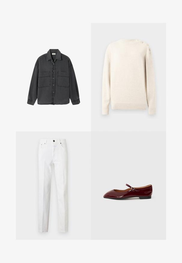 Kremfarvet strikket sweater med lange ærmer, ribbede manchetter og kant samt dekorative stjerneknapper på venstre skulder.; Mørkegrå denimjakke med knapper, to store forlommer og klassisk krave, vist fladt på en hvid baggrund.; Hvide slim-fit jeans med fem lommer, metal knaplukning og bæltestropper, vist fladt på en hvid baggrund.; Bordeaux patenterede ballerinaer med spids tå og en tynd ankelrem med en lille spænde. Flad sål med en glat overflade.