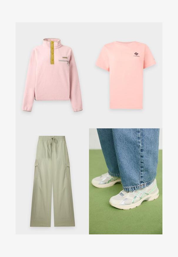 Sudadera de forro polar rosa claro con cuello alto, cuatro botones amarillos, un bolsillo con cremallera gris y ribete elástico en el dobladillo y los puños.; Camiseta de manga corta color rosa claro con el logo de Columbia en el pecho izquierdo y fondo liso.; Pantalones cargo de pierna ancha en verde claro con cintura elástica y cordón, con bolsillos laterales con solapa y un ajuste relajado.; Zapatillas de malla blancas y plateadas con detalles en verde, combinadas con unos vaqueros azules holgados, de pie sobre un suelo de moqueta verde.