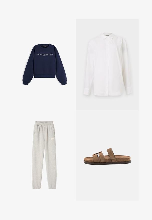 Mørkeblå crewneck sweatshirt med lange ærmer, ribstrikkede manchetter og kant samt teksten "TOMMY HILFIGER EST. 1985" trykt i hvid på brystet.; Hvid skjorte med knap-lukning lavet af glat stof. Har en klassisk krave, lange ærmer og en lige pasform uden synlige mønstre eller udsmykninger.; Grå sweatpants lavet af blød bomuldsblanding, med elastisk talje, sidelommer og et lille logo på venstre lår.; Tory Burch SLIDE - Slip-on sandaler - river rock