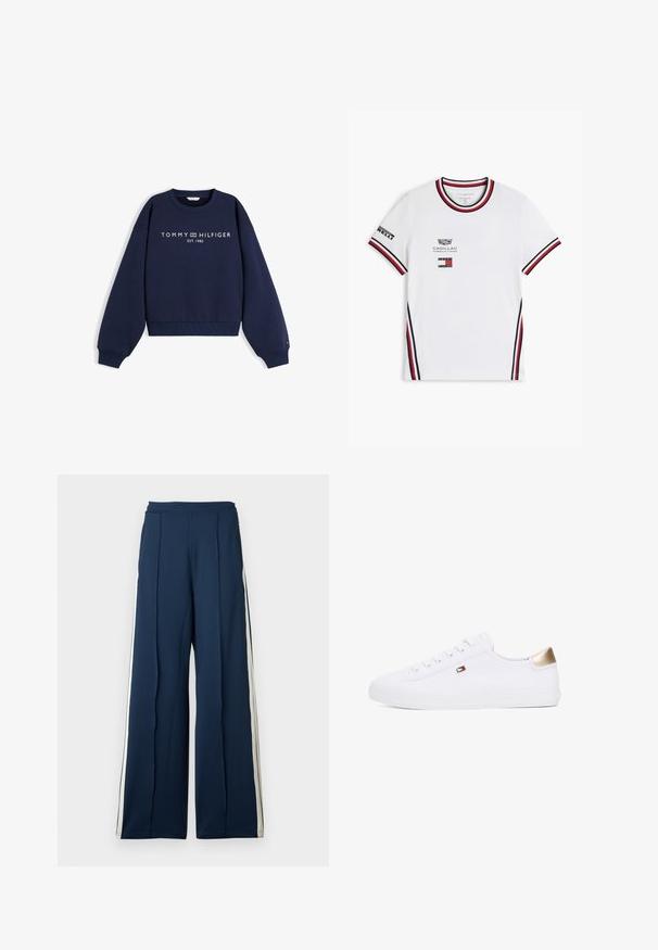 Tumesinine ümar kaelusega dressipluus pikade varrukate, soonikkoes mansettide ja äärega, millel on valge tekst "TOMMY HILFIGER EST. 1985" rinnal.; Valge lühikeste varrukatega T-särk, millel on punase, musta ja valge triibuline krae ja varrukaservad, esiküljel Cadillac Formula 1 ja Tommy Hilfigeri logod.; Tumed jalad tumepunases kangas, mille külgedel on kreemilised triibud. Omab kõrget vöökohta ja volditud detaile, et lisada struktuuri.; Valged kanvas tossud ümmarguse varbaga, nööridega esiosas ja kuldse aktsendiga kandadel. Omab külgedel väikest embleemi.