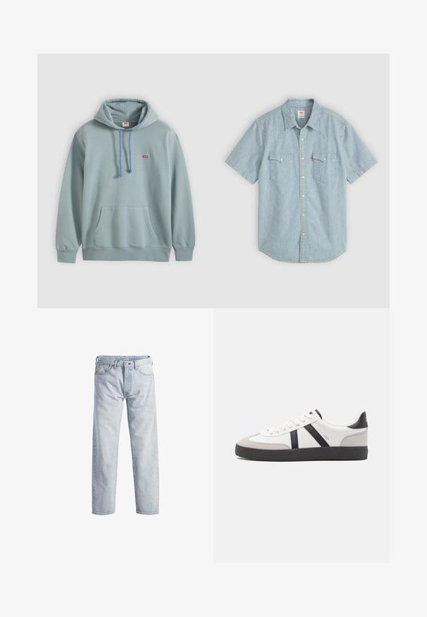 Lichtblauwe Levi's hoodie met voorzak, verstelbare capuchon met trekkoord en klein rood Levi's-logo op de borst.; Korte mouwen shirt in lichtblauw met witte strepen, voorzien van een traditionele kraag, twee borstzakken en knoopsluiting. Gemaakt van katoen.; Lichtblauwe denim jeans met een rechtstaand ontwerp, knopenfly, vijf zakken en een subtiele vervaagde textuur. Voorzien van metalen hardware accenten.; Witte sneaker met zwarte en grijze accenten, voorzien van een grijze neus met textuur, zwarte rubberen zool en platte witte veters. Schoon ontwerp, minimalistische stijl.
