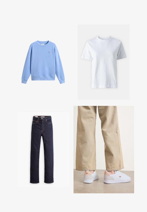 Sweat-shirt bleu clair à manches longues avec col rond, poignets et ourlet côtelés, petit logo brodé sur le côté gauche de la poitrine.; T-shirt en coton blanc avec un col rond, manches courtes, coupe droite et texture lisse. Sans motifs ni embellissements.; Jean en denim droit bleu foncé avec cinq poches et coutures orange visibles sur un fond blanc.; Baskets blanches avec une finition en cuir lisse, dotées d'un accent en suède beige au niveau du talon et d'un branding subtil. Associées à un pantalon beige clair.