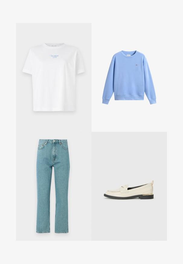 Sweat-shirt bleu clair à manches longues avec col rond, poignets et ourlet côtelés, petit logo brodé sur le côté gauche de la poitrine.; T-shirt en coton blanc à col rond, manches courtes, avec un texte imprimé bleu "GLACE S'IL VOUS PLAÎT" au-dessus d'un dessin simple d'un cornet de glace.; Jeans bleu clair taille haute avec une coupe droite. Fabriqués en denim, comportent des poches frontales et une fermeture à bouton.; Mocassin en cuir crème avec une sangle décorative, des détails cousus et une semelle noire basse accentuée d'un talon doré.