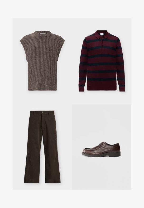 Langærmet burgunder polo sweater med sorte vandrette striber og tre knapper ved kraven.; Brun strikket ærmeløs top med ribbet tekstur, høj krave og sideslidser. Har en tætsiddende kant og blødt stof.; Mørkebrune bukser med lige ben, subtile vertikale syninger og knaplukning i taljen.; Brune lædersko med rund tå, minimal syning og en solid sort sål. Har snørelukning og en glat overflade.