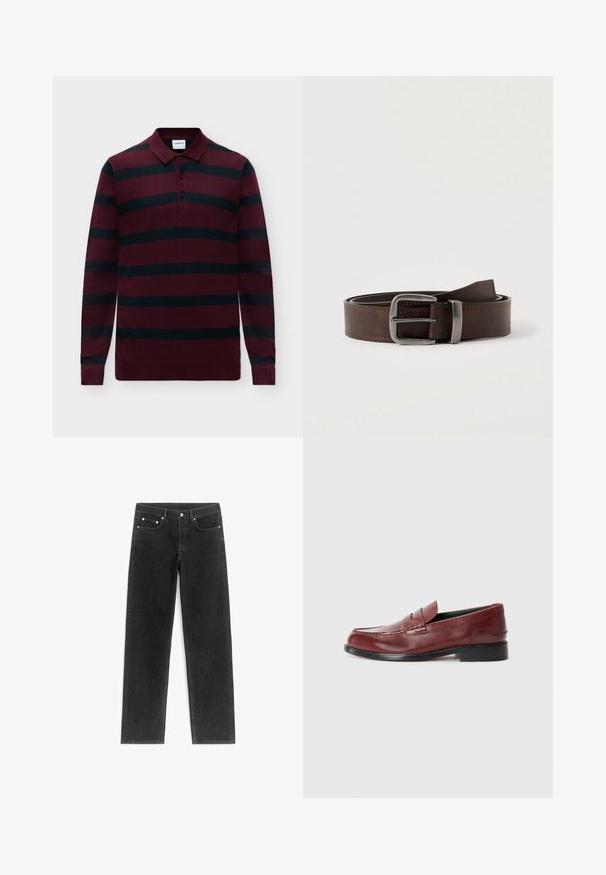 Langærmet burgunder polo sweater med sorte vandrette striber og tre knapper ved kraven.; Sorte denimjeans med lige ben, fem lomme-stil, sølvhardware og synlige syninger. Glat tekstur gennem hele materialet.; Burgunderfarvet læder loafer med en glat finish, dekorativ søm og en rund tå. Har en lav sort hæl.; Mørkebrunt læderbælte med sølv rektangulært spænde, rullet og placeret mod en lys neutral baggrund.