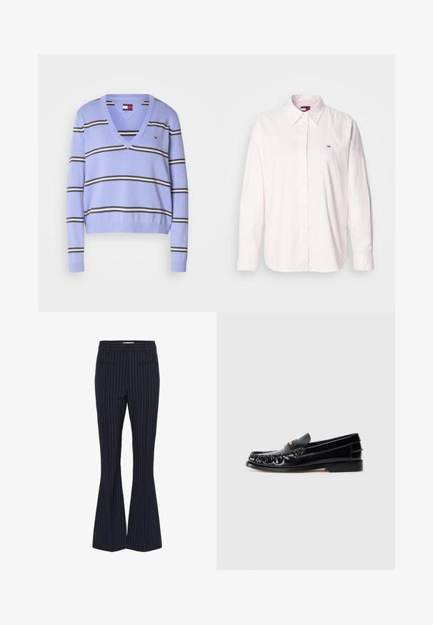 Svetlofialová v-neck sveter so horizontálnymi pruhmi v čiernej a bielej farbe, s rebrovanými manžetami a malým logom na hornej ľavej strane.; Svetloružová košeľa s dlhým rukávom a gombíkmi vyrobená z bavlny, s klasickým golierom a malým logom značky na ľavej hrudi.; Námornícky pruhované rozšírené nohavice s dvoma prednými vreckami, strih prispôsobený postave a hladká, textúrovaná tkanina. Ozdobené úzkymi modrými pruhmi.; Čierne kožené loafers so zaoblenou špičkou, dekoratívnym prešívaním a malým zlatým akcentom na priehlavku. Plná gumená podrážka, elegantný dizajn.