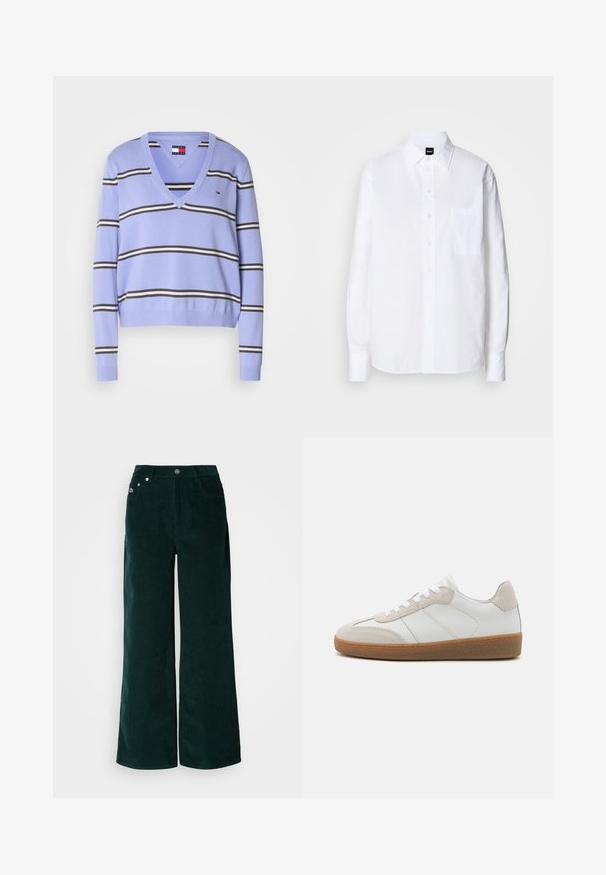 Lyslilla v-neck sweater med vandrette sorte og hvide striber, ribbede manchetter og et lille logo på den øverste venstre side.; Hvid skjorte med knapper lavet af bomuld, med klassisk krave, lange ærmer, en brystlomme og en glat, sprød tekstur.; Bukser med vide ben i mørkegrøn fløjl. Har en horisontal ribbet tekstur, forlommer og en knaplukning med mærkede detaljer.; Hvide lædersneakers med beige ruskindsdetaljer, struktureret tunge og gummisål. Har hvide snørebånd og diskrete stikninger.