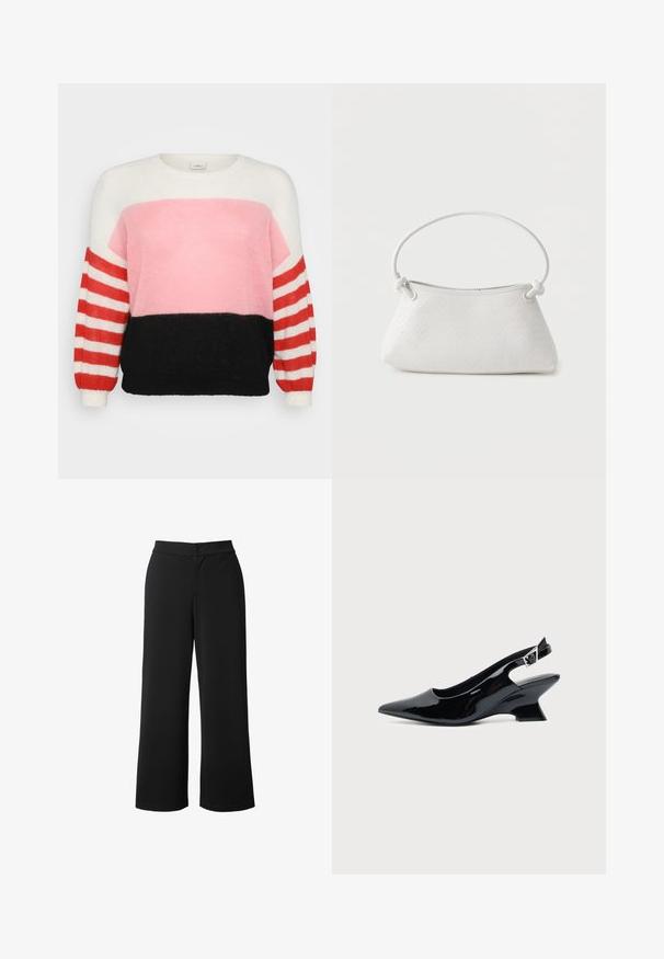 Mønstret strikket sweater i flere farver med rund hals; har et mønster i hvid, pink og sort med røde og hvide stribede ærmer.; Sorte bukser med bred benvidde lavet af glat, letvægtsstof. Har en fronknaplukning og sidelommer for funktionalitet.; Sort laklæder slingback sko med spids tå og lav vinklet blokhæl på ensartet lys baggrund.; Hvid fletlæderhåndtaske med afrundet håndtag og ender på remmen, der er knyttet, vist mod en ensfarvet baggrund.