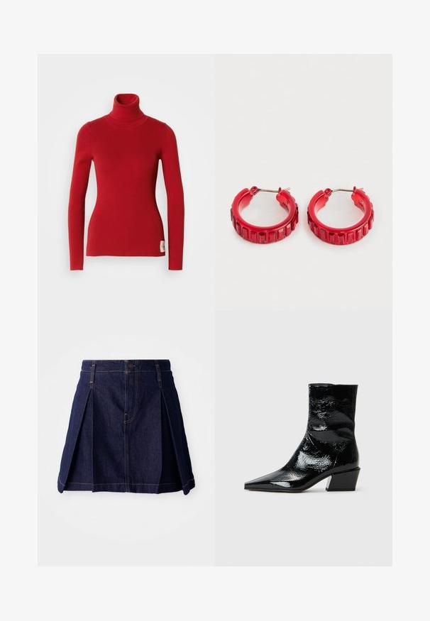 Rød ribbet turtleneck sweater med lange ærmer og en tætsiddende silhuet, med et lille logomærke på den nederste side og en glat tekstur.; Mørk denimnederdel med plisseringer, knaplukning og kontrastsyninger. Enkel design med en flagrende form og midtlængde.; Sorte lakerede ankelstøvler med spids tå, struktureret overflade og kraftig blokhæl. Elegant design med en glat, blank overflade.; Et par små røde hoops øreringe med rektangulære facetterede detaljer og sølv metalclips på en hvid baggrund.