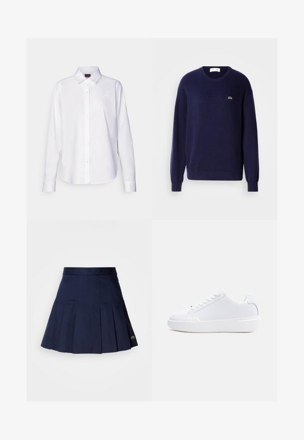 Pull en tricot bleu marine à col ras du cou, doté de manches longues et d'un petit logo crocodile vert sur la poitrine.; Chemise blanche à manches longues, boutonnée, fabriquée en coton. Comprend un col classique et une broderie de marque discrète sur la poitrine. Texture lisse.; Jupe plissée bleu marine avec une taille ajustée, fabriquée à partir d'un tissu lisse. Présente un petit logo Lacoste sur l'ourlet.; Baskets basses blanches à lacets, semelle épaisse et dessus lisse, vues de côté extérieur sur un fond clair uni.