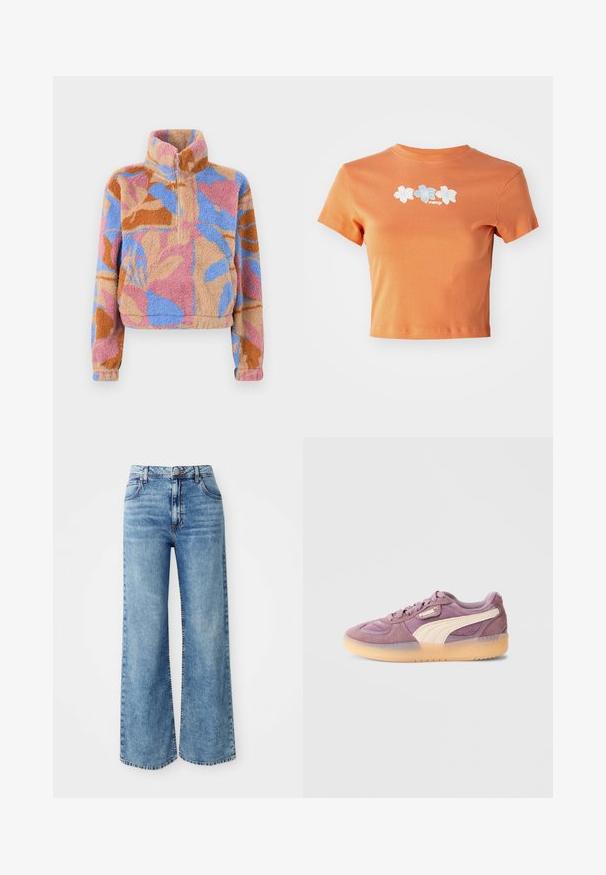 Fleecejacke mit halbem Reißverschluss und abstraktem Blumenmuster in Rosa, Blau, Beige und Orange auf weichem, strukturiertem Stoff.; Kurzes oranges T-Shirt aus Baumwolle mit kurzen Ärmeln, verziert mit weißen und hellblauen gestickten Blumen auf der Vorderseite.; Hellblaue Denim-Jeans mit weit geschnittenem Bein und hoher Taille, ausgestattet mit fünf Taschen, einer Knopfverschluss und kontrastierender Naht entlang der Nähte.; Lila Wildledersneaker mit einem cremefarbenen Lederstreifen, Gummisohle und gepolstertem Kragen. Verfügt über Schnürsenkel und eine Markenprägung auf der Zunge.