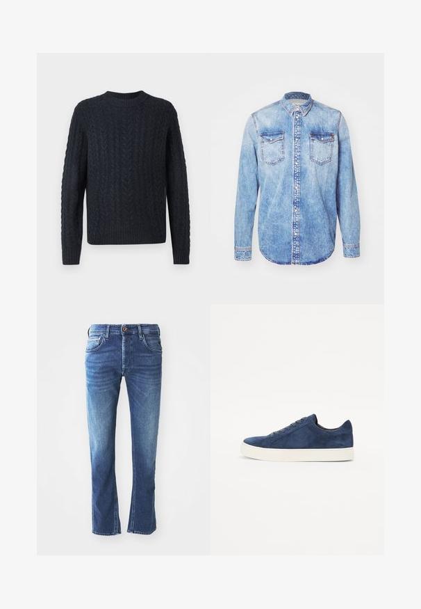 Mørkeblå strikket sweater med tekstureret kabelmønster, rund halsudskæring samt ribbet kant og ærmegab. Blødt stof, lange ærmer.; Lysblå denimskjorte med lange ærmer, knap-ned krave, to brystlommer og kontrastsyetning. Rundet kant og klassisk pasform.; Mørkeblå denim jeans med lige ben-design, der har fem lommer, en brun knaplukning og diskret lys udtoning ved lårene.; Marineblå ruskinds sneakers med rund tå, fem snørrehuller, hvid gummisål og minimalistisk design. Glat overflade, uden synlige mønstre.
