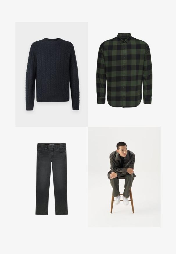 Suéter de punto azul marino oscuro con un patrón de trenzado texturizado, cuello redondo y bajo y puños acanalados. Tela suave, mangas largas.; Camisa de manga larga abotonada con cuello clásico y puños abotonados, de cuadros verdes y negros, mostrada sobre un fondo blanco.; Vaqueros Wrangler negros de corte recto con botón delantero, cremallera, trabillas para el cinturón y diseño de cinco bolsillos sobre fondo blanco.; Joven con chaqueta de cuero oscura y vaqueros sentado en un taburete de madera, inclinado hacia adelante con los brazos cruzados, mirando hacia un lado contra un fondo blanco.