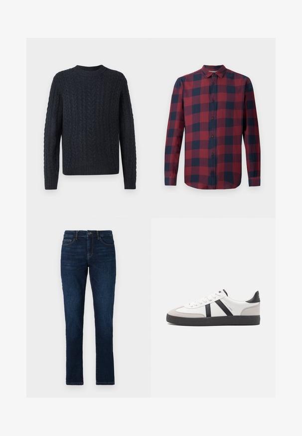 Dunkelblauer Strickpullover mit strukturiertem Zopfstrickmuster, rundem Ausschnitt sowie geripptem Saum und Bündchen. Weicher Stoff, lange Ärmel.; Rot-kariertes Langarmhemd in Marineblau mit Button-Down-Kragen und dunklen Knöpfen. Hergestellt aus leichtem Stoff mit glatter Textur.; Dunkelblaue Jeans im Slim-Fit-Stil mit dem klassischen Fünf-Taschen-Design sowie einer Knopf- und Reißverschlussbefestigung. Glatte Textur mit minimalem Verblassen.; Weiße Sneaker mit schwarz- und grau-aczenten, ausgestattet mit einer strukturierten grauen Zehenkappe, schwarzer Gummi-Sohle und flachen weißen Schnürsenkeln. Sauberes Design, minimalistische Stil.