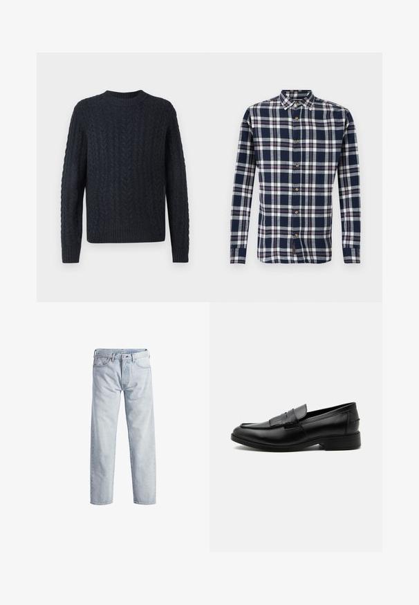 Dunkelblauer Strickpullover mit strukturiertem Zopfstrickmuster, rundem Ausschnitt sowie geripptem Saum und Bündchen. Weicher Stoff, lange Ärmel.; Herren-Hemd mit langen Ärmeln, in Marineblau, Weiß und Rot kariert. Baumwollstoff, klassischer Kragen und Holzknöpfe.; Hellblaue Denim-Jeans mit geradem Bein, Knopfleiste, fünf Taschen und subtilen Verwaschungen. Mit metallischen Hardware-Details ausgestattet.; Schwarzer Leder-Herrenloafer mit Quasten-Detail, abgerundeter Spitze, niedrigem Absatz und glatter, polierter Oberfläche, von der Seite auf weißem Hintergrund dargestellt.