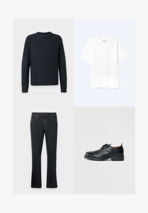 Suéter de punto azul marino oscuro con un patrón de trenzado texturizado, cuello redondo y bajo y puños acanalados. Tela suave, mangas largas.; Camiseta lisa blanca de manga corta y cuello redondo con un corte relajado, mostrada sobre un fondo claro.; Vaqueros de mezclilla azul oscuro con un corte recto, que cuentan con cinco bolsillos, costuras en contraste y un ligero acampanado en el dobladillo.; Zapatos derby de cuero negro con una textura suave, punta redondeada, diseño de cordones y una suela de goma gruesa y resistente.