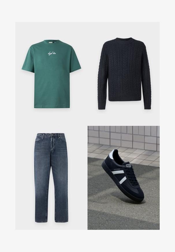 Mørkeblå strikket sweater med tekstureret kabelmønster, rund halsudskæring samt ribbet kant og ærmegab. Blødt stof, lange ærmer.; Grøn bomuld T-shirt med rund hals og korte ærmer. Har hvid, kursiv tekst "high tea" på forsiden. Enkel design, ingen mønstre.; Jack & Jones Loose-fit JJIEDDIE JJORIGINAL SQ 227 - Baggy jeans - blue denim; Sort lædersneaker med hvide striber, tekstureret gummisål og snørrebånd foran. Har et brandet mærke på tungen.