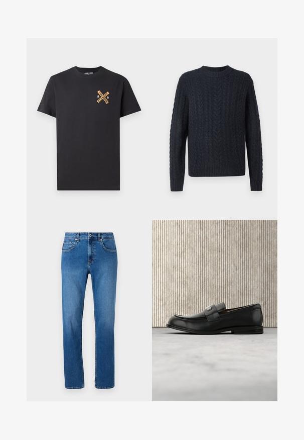 Dunkelblauer Strickpullover mit strukturiertem Zopfstrickmuster, rundem Ausschnitt sowie geripptem Saum und Bündchen. Weicher Stoff, lange Ärmel.; Schwarzes Baumwoll-T-Shirt mit einem grafischen Design in Orange, das die Worte "ELEMENT" und "REMEMBER" in einem Kreuzmuster auf der Brust zeigt.; Blaue Denim-Jeans mit geradem Bein, ausgestattet mit einem klassischen Fünf-Taschen-Design und dezenten Nähten entlang der Nähte.; Schwarzer Lederloafer mit einer Metallmarkenplatte, der nahe einem braunen runden Tisch auf beigem Teppichboden ruht.