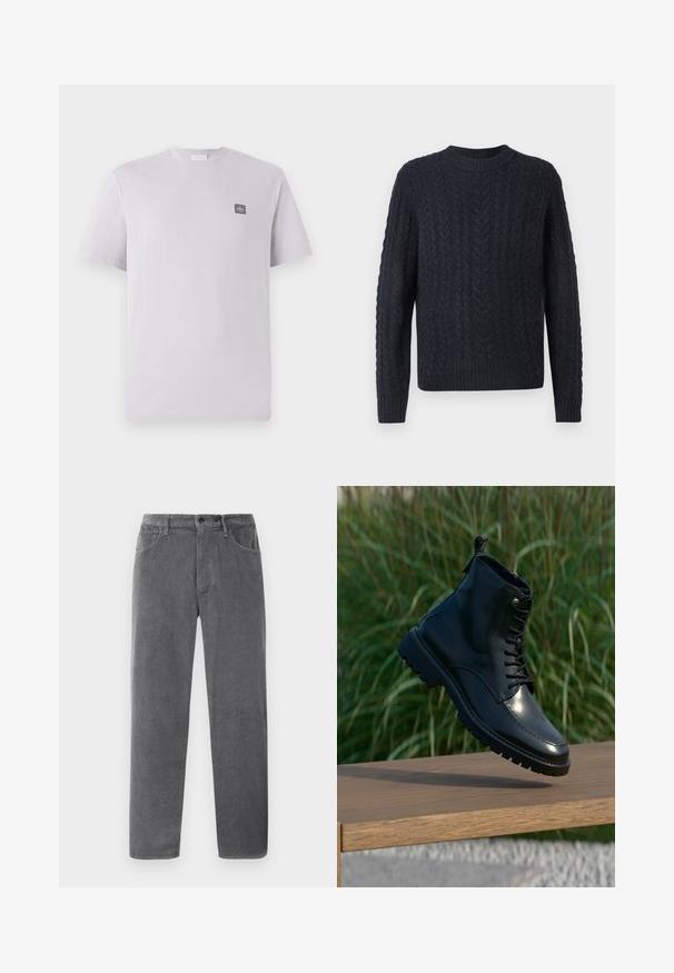 Mørkeblå strikket sweater med tekstureret kabelmønster, rund halsudskæring samt ribbet kant og ærmegab. Blødt stof, lange ærmer.; Lys lavendelfarvet kortærmet t-shirt lavet af bomuld med rund hals og et lille mørkt logo-patch på venstre bryst. Glat tekstur.; Grå velourbukser med lige pasform, der har to forlommer, en knaplukning og teksturerede lodrette ribber.; Sort læderankelstøvle med snørebånd, rund tå, tekstureret sål og metaløjer. Hævet over en træoverflade med græsset baggrund.