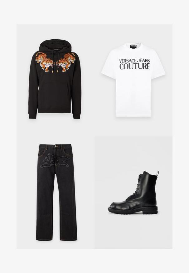 Zwarte capuchontrui met twee geborduurde oranje tijgers die elkaar aan de voorkant borstzak aankijken.; Witte T-shirt met korte mouwen met zwarte tekst "VERSACE JEANS COUTURE" over de borst en een klein merkje aan de binnenkant van de halslijn.; Zwarte jeans met rechte pijpen en een getextureerd geborduurd cartoonkonijnontwerp op het bovenste gedeelte van de voorkant van het bovenbeen.; Zwarte leren vetercombatlaars met dikke zool en trekhaak aan de achterkant, van de zijkant getoond op een effen lichte achtergrond.