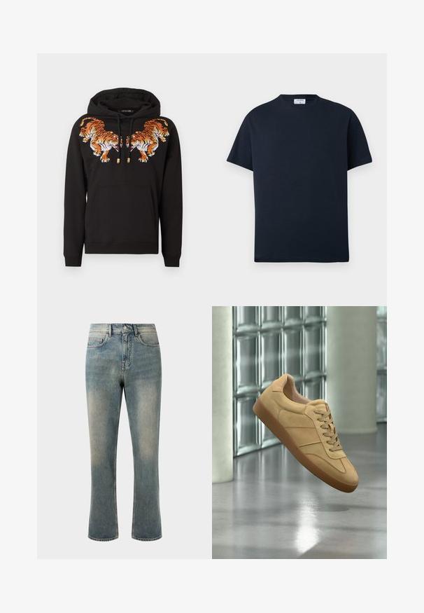 Sort hættetrøje med to broderede orange tigre, der vender mod hinanden på brystet, og en forlommekangaroo.; Sort T-shirt med korte ærmer og rund hals, med en lille hvid etiket inde i kraven, der viser mærkenavnet.; Lys blå denim jeans med lige ben, mellemhøj talje og subtilt slid. Har klassisk lomme-design og kontrasterende stikninger.; Beige ruskind sneaker med gummisål, snørelukning, svæver indendørs på poleret betongulv nær glasblokvæg.