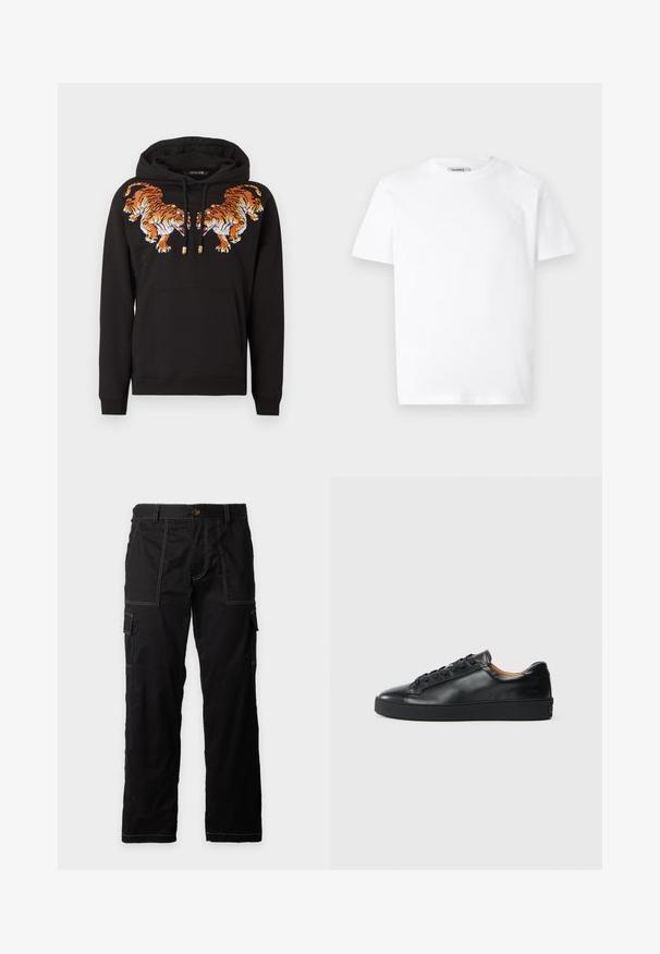 Sweat à capuche noir avec deux tigres orange brodés se faisant face sur la poitrine et une poche kangourou à l'avant.; T-shirt en coton blanc avec un col rond et des manches courtes. Présente un petit logo en relief sur la poitrine gauche. Texture lisse.; Pantalon cargo noir avec surpiqûres blanches contrastantes, bouton et fermeture éclair à l’avant, passants de ceinture et poches latérales à rabat sur les deux jambes.; Baskets en cuir noir avec une texture lisse, bout rond et fermeture à lacets. Comprend une semelle en caoutchouc épaisse et un minimum de détails de marque.