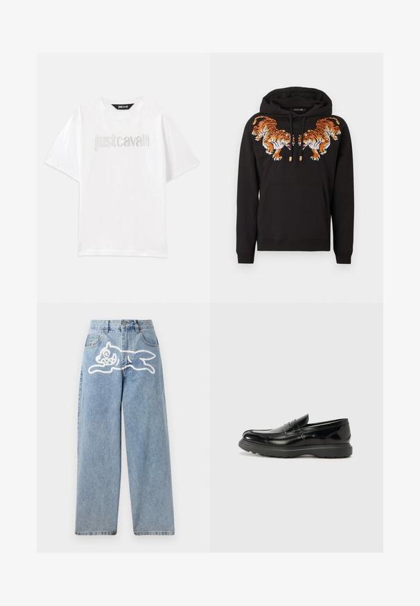 Schwarzer Kapuzenpullover mit zwei bestickten orangefarbenen Tigern, die sich auf der Brust gegenüberstehen, und einer vorderen Kängurutasche.; Weißes Baumwoll-T-Shirt mit kurzen Ärmeln und lockerer Passform. Mit "Just Cavalli" in Silber auf der Brust gestickt.; Helleblaue Denim-Jeans mit einer lockeren, weiten Passform. Auf der Rückseite befindet sich ein weißes Grafikdesign eines laufenden Katers. Klassisches Fünf-Taschen-Design.; Schwarze Lederloafer mit glanzendem Finish, abgerundetem Zehenbereich, subtilen Steppnähten und einer dicken Gummisohle für Langlebigkeit.