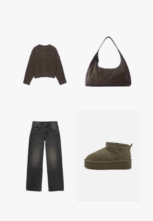 Brun, kort trøje med struktureret strikkedesign, brede ærmer og ribbet halsudskæring, med en afslappet pasform.; Sorte jeans med brede ben, falmede detaljer, knap foran, lynlås og fem lommer lagt fladt på en hvid baggrund.; Olivengrøn ruskind ankelstøvler med rund tå, syninger og en tykkere sål med struktureret mønster. Lille trækflap bagpå.; Blød mørkebrun læder hobo-taske med enkelt bred rem og subtil central sømdetalje mod hvid baggrund.