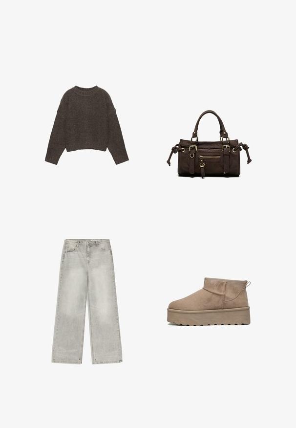 Brun, kort trøje med struktureret strikkedesign, brede ærmer og ribbet halsudskæring, med en afslappet pasform.; Grå denim jeans med brede ben har en falmet finish, fem lommer og metalhardware. Stoffet har en blød tekstur med en ren kant.; Beige suede ankelstøvle med rund tå, elastisk krave og en tykk platformsål med dybe riller for greb. Flad, strømlinet design.; Mørkebrun læderhåndtaske med dobbelte håndtag, forreste lynlåslomme, dekorative spænder og sideknuder på hvid baggrund.