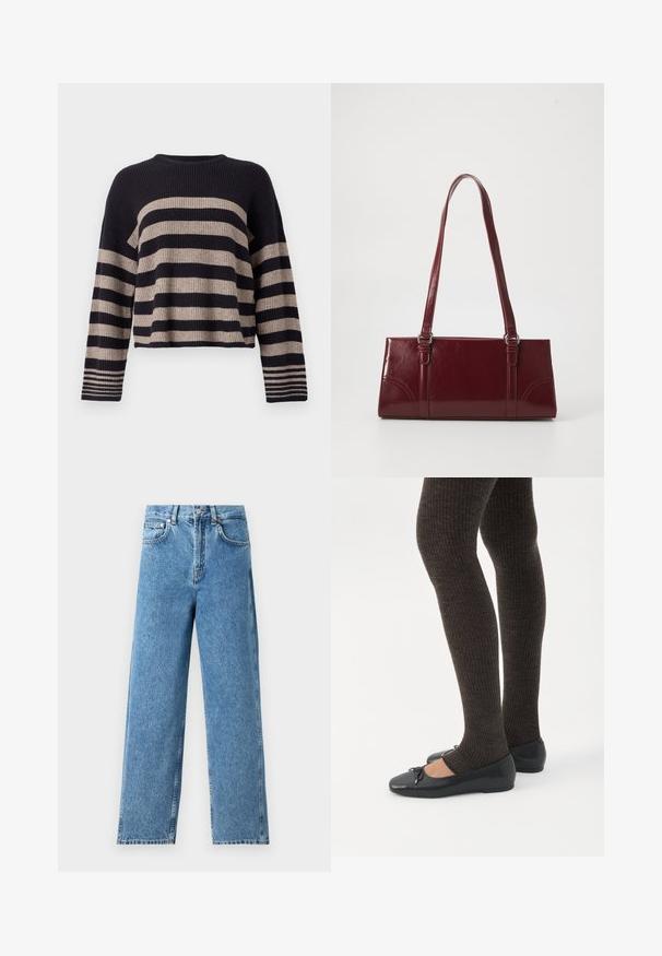 Strikket sweater med horisontale navy og beige striber, ribbet tekstur, rund halsudskæring og lange ærmer med stribede detaljer ved manchetterne.; Lysblå lige ben jeans lavet af denim, med høj talje, frontknaplukning og fem-lomme design med synlige sømme.; Ben iført mørke ribbede leggings kombineret med sorte balletsko med små sløjfedetaljer på hvid baggrund.; Bordeaux håndtaske lavet af glansfuldt materiale, rektangulær form, med to skulderremme og subtile buede detaljer på forsiden.