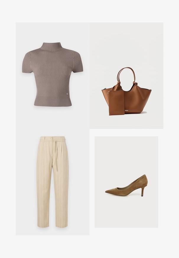 Grå ribbet kortærmet top med høj hals. Har en tætsiddende pasform og en lille logoaccent nær kanten. Glat tekstur.; Beige stribede bukser med en afslappet pasform, der har en indsnævret talje, knaplukning og bælte med slipseanordning, lavet af letvægtsstof.; Brun ruskind med spids tå og høj hæl med mellemhøj stilet, set fra siden på hvid baggrund.; Brun læder tote taske med et afslappet design og to knyttede håndtag, ledsaget af en matchende pung med lynlås. Begge har en tekstureret overflade.